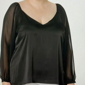 City Chic Black Satin Body with Sheer Long Sleeve Scoop Neck Blouse